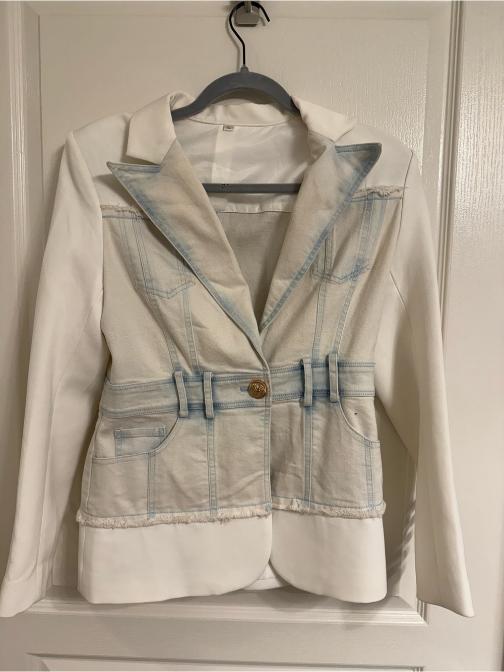 White Denim-Trim Blazer Jacket